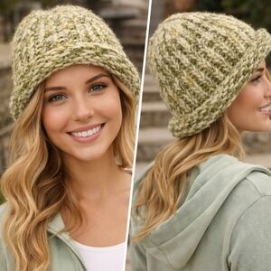 Green and White Knit Beanie